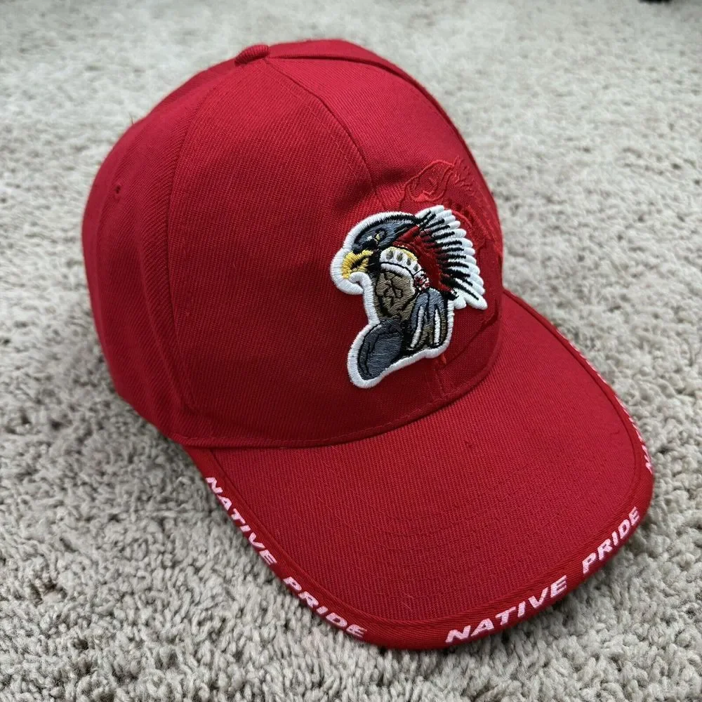 Native Pride American Indian Hat Red‎ Adjustable Strap Chief Feathers Eagle Cap